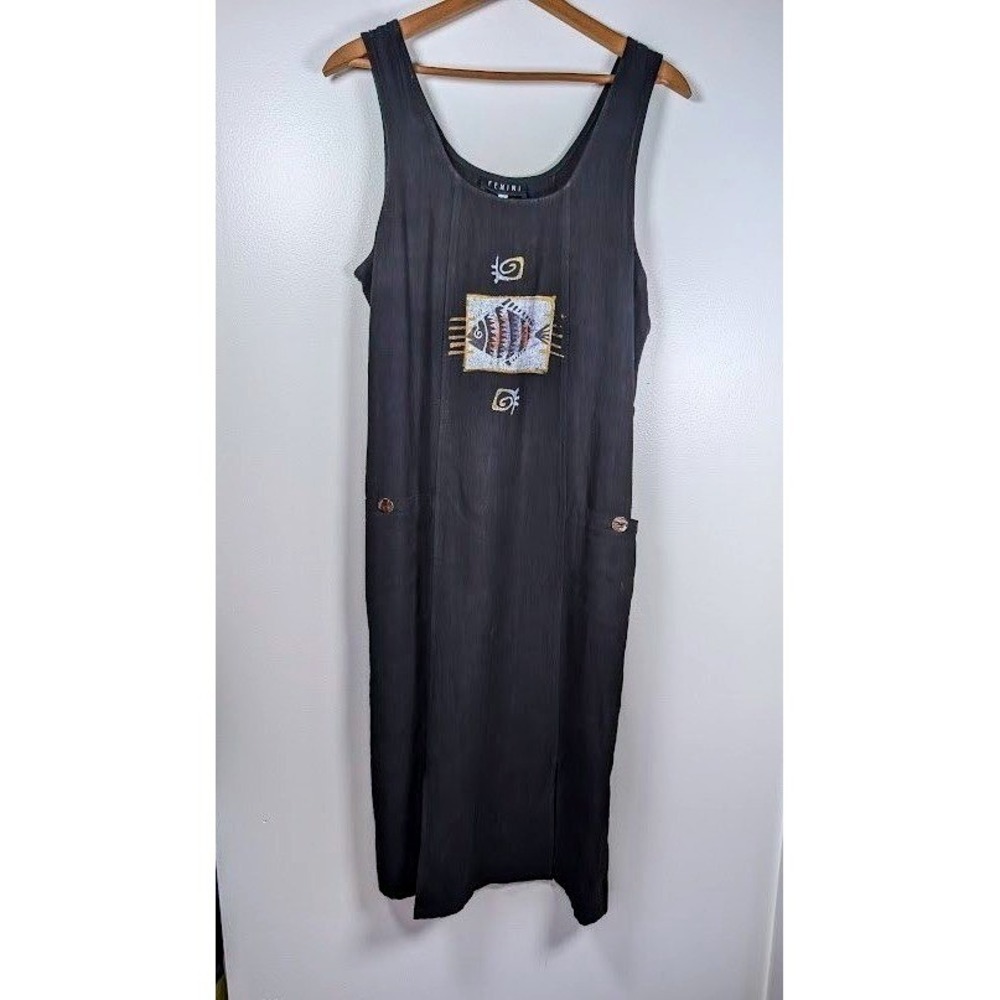 Fenini 100% Linen Dress Size Small Midi Hand Painted Apron Atrsy Lagenlook Fish